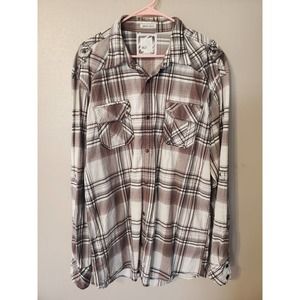 BKE Athletic Fit Stretch Men's XXL Shirt Brown Plaid Long Sleeve Pearl Snap